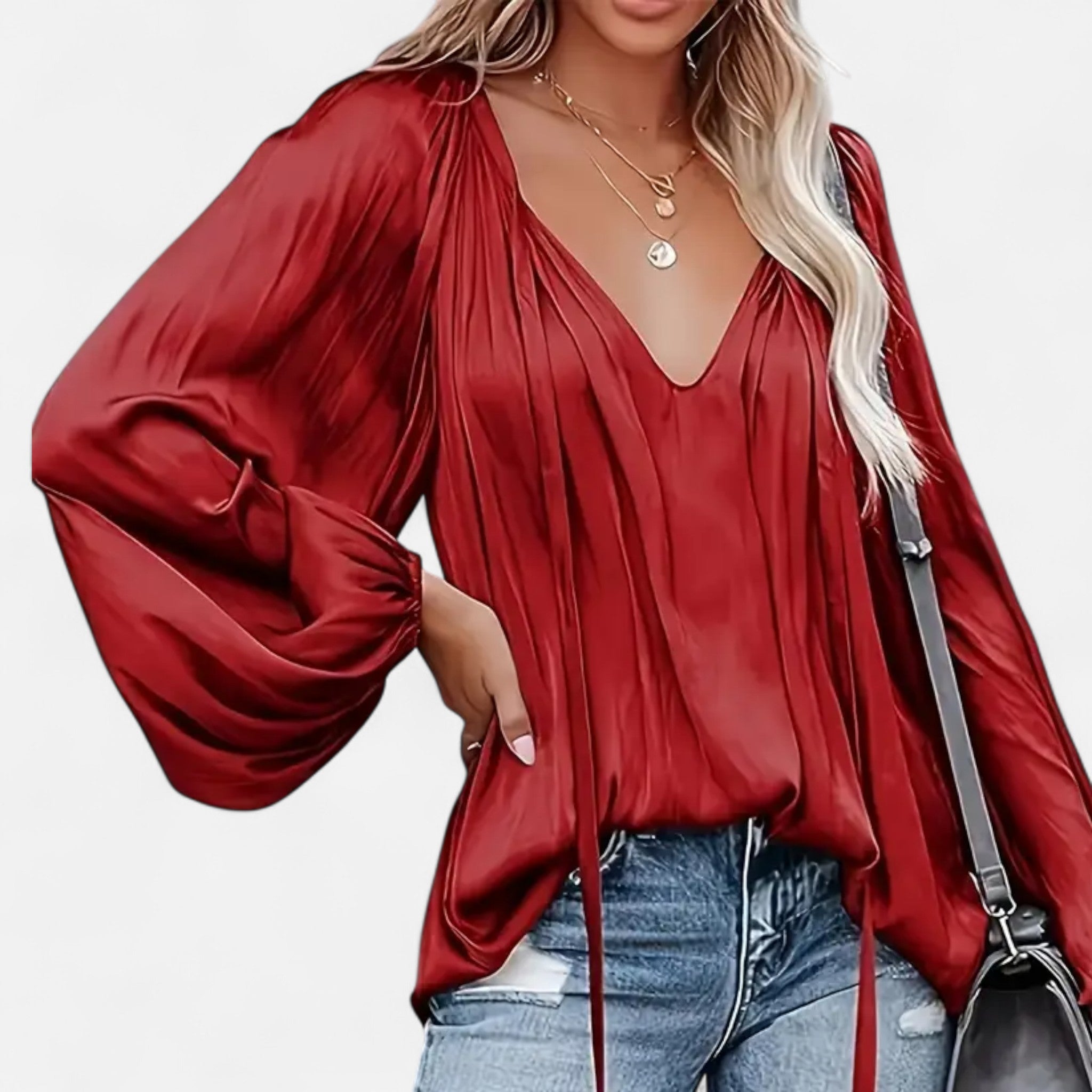 Elvaine | Women’s Satin Blouse – Green Tie-Front Elegance