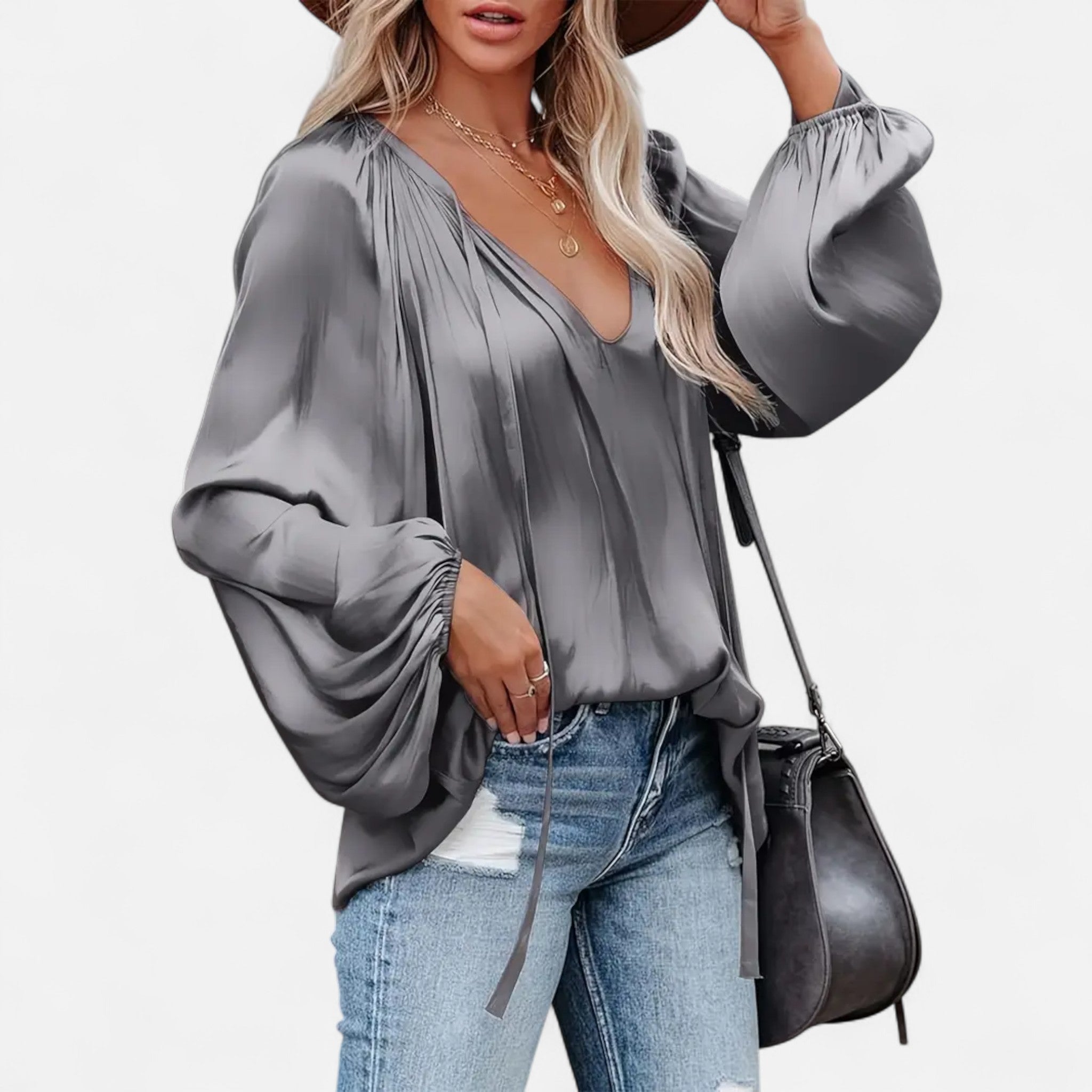 Elvaine | Women’s Satin Blouse – Green Tie-Front Elegance