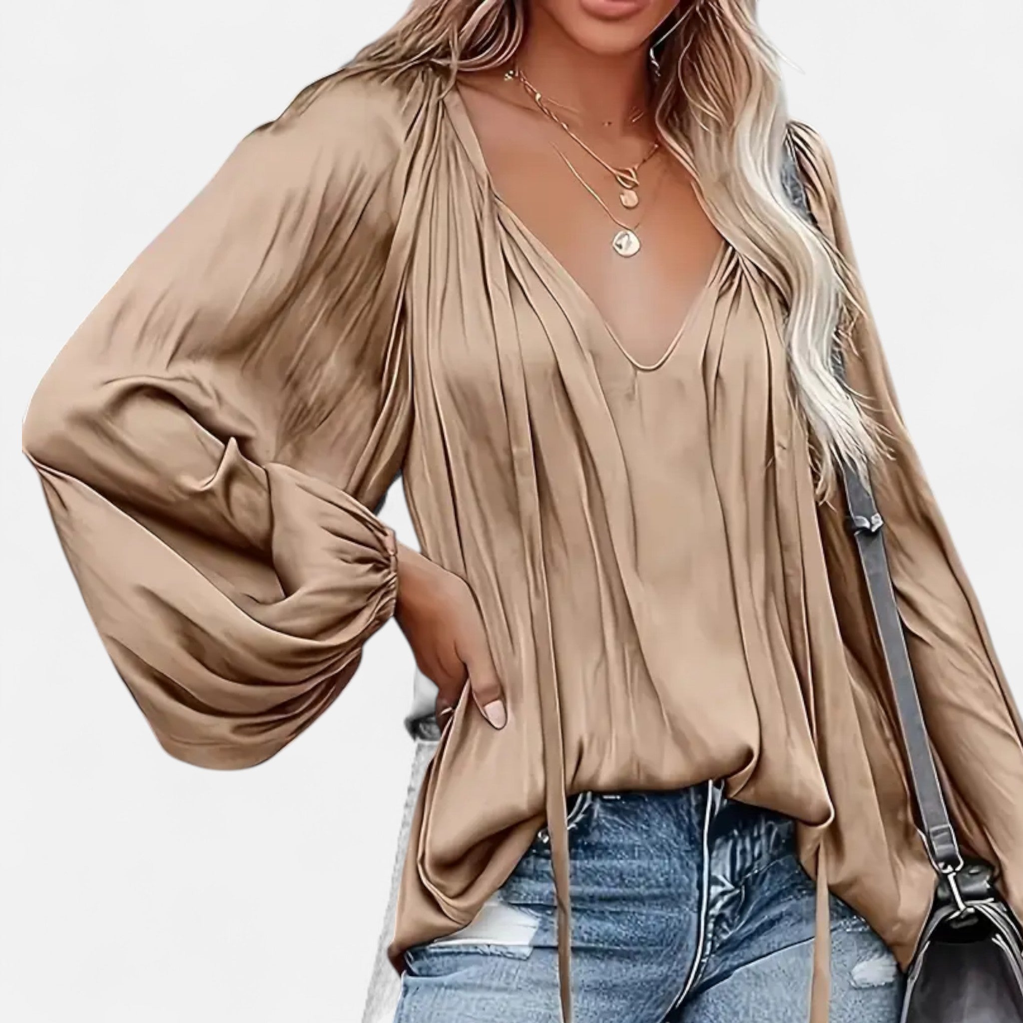 Elvaine | Women’s Satin Blouse – Green Tie-Front Elegance