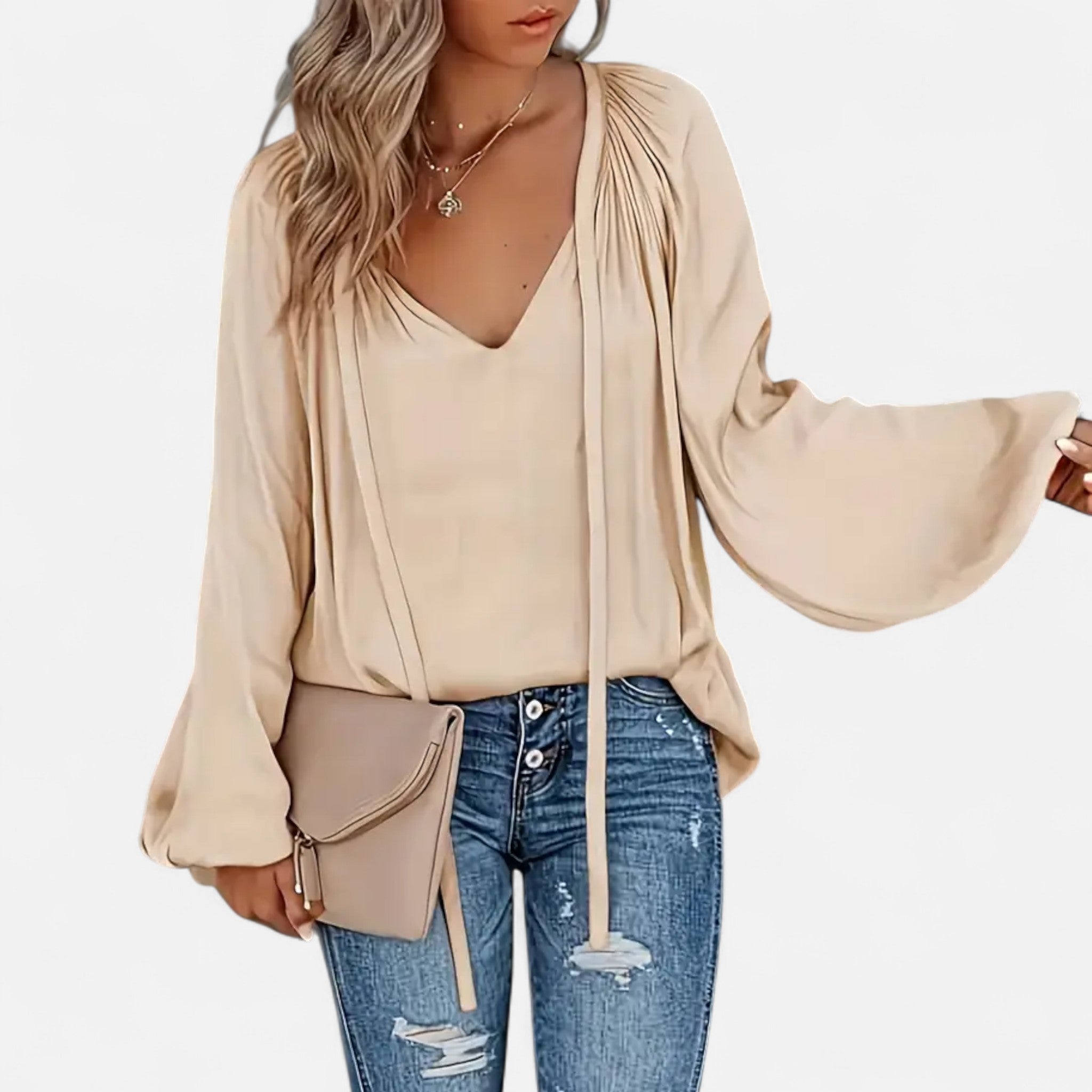 Elvaine | Women’s Satin Blouse – Green Tie-Front Elegance