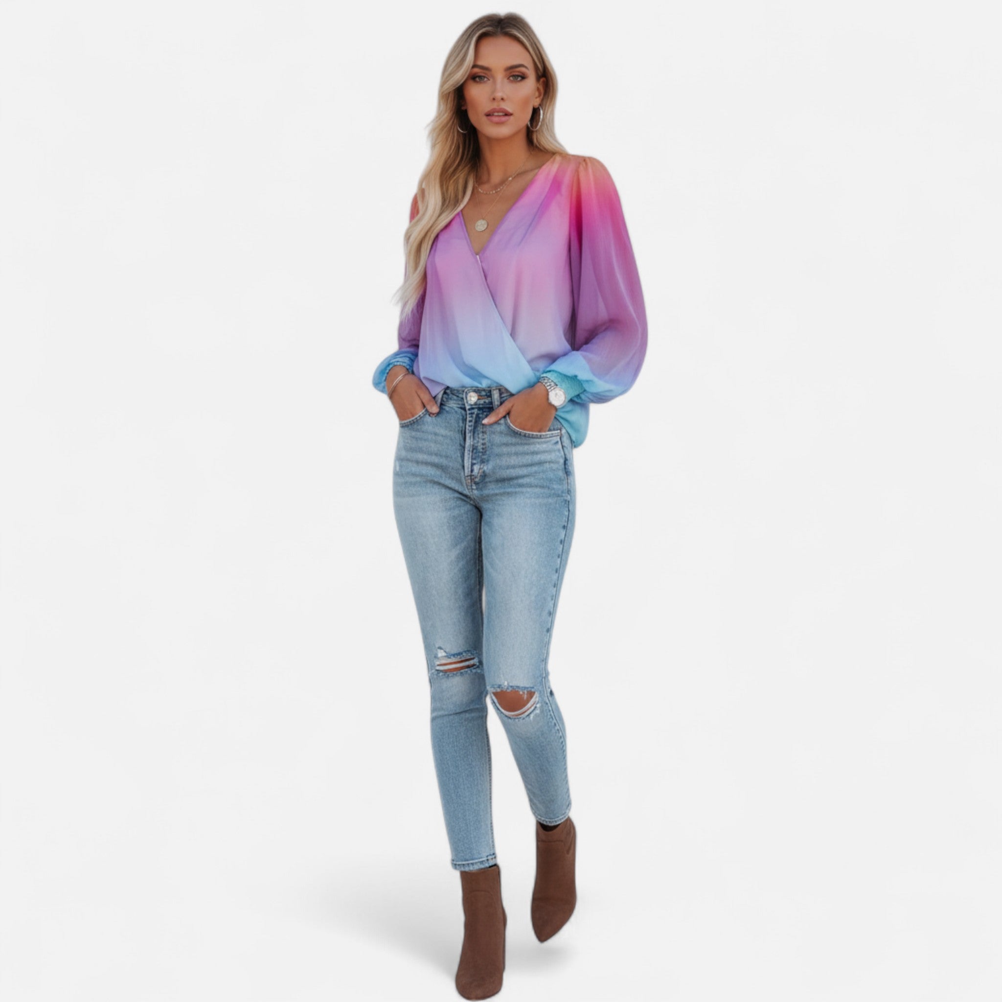 Elvaine | Women’s Chiffon Blouse – Gradient Spring Elegance