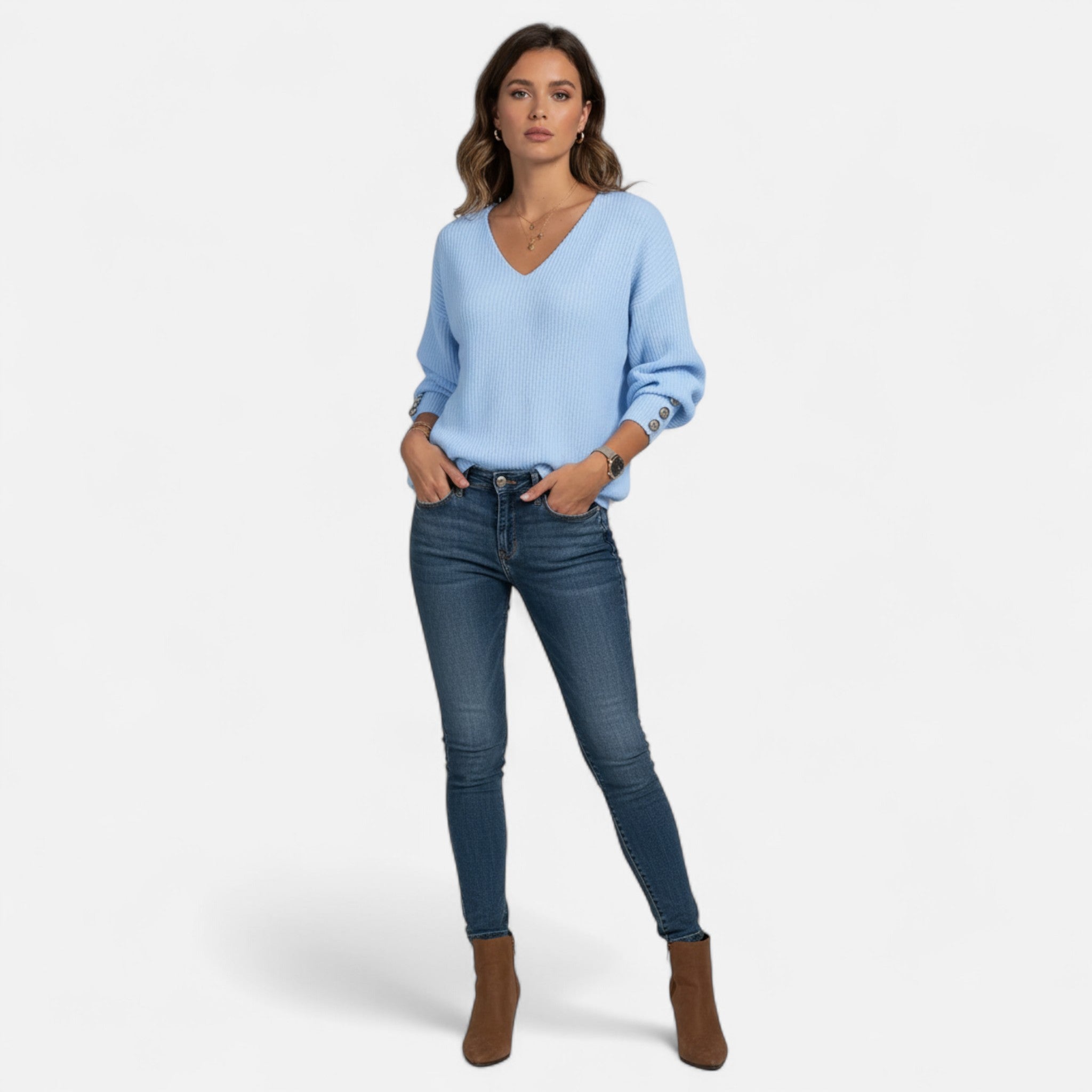 Elvaine | Women’s Ribbed Sweater – Light Blue V-Neck Elegance