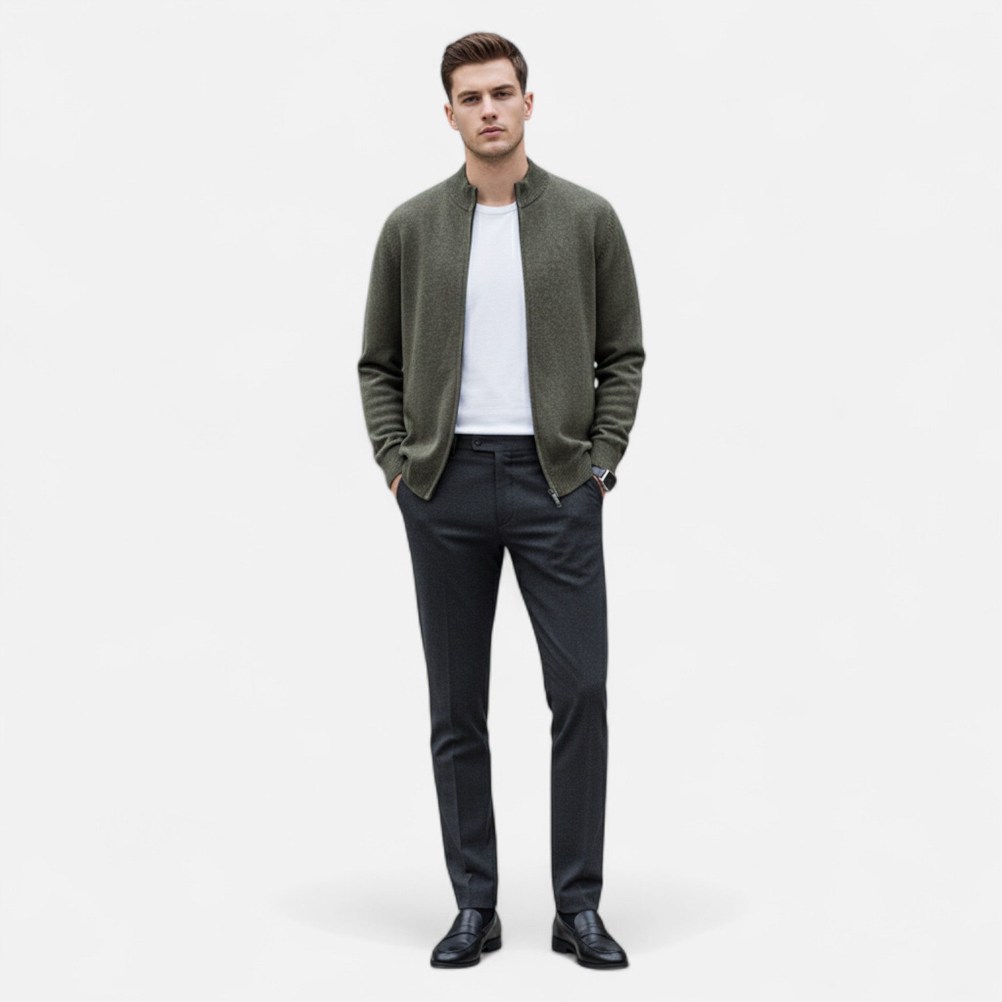 Elvaine | Men’s Merino Cardigan – Mock Collar Heritage Knit