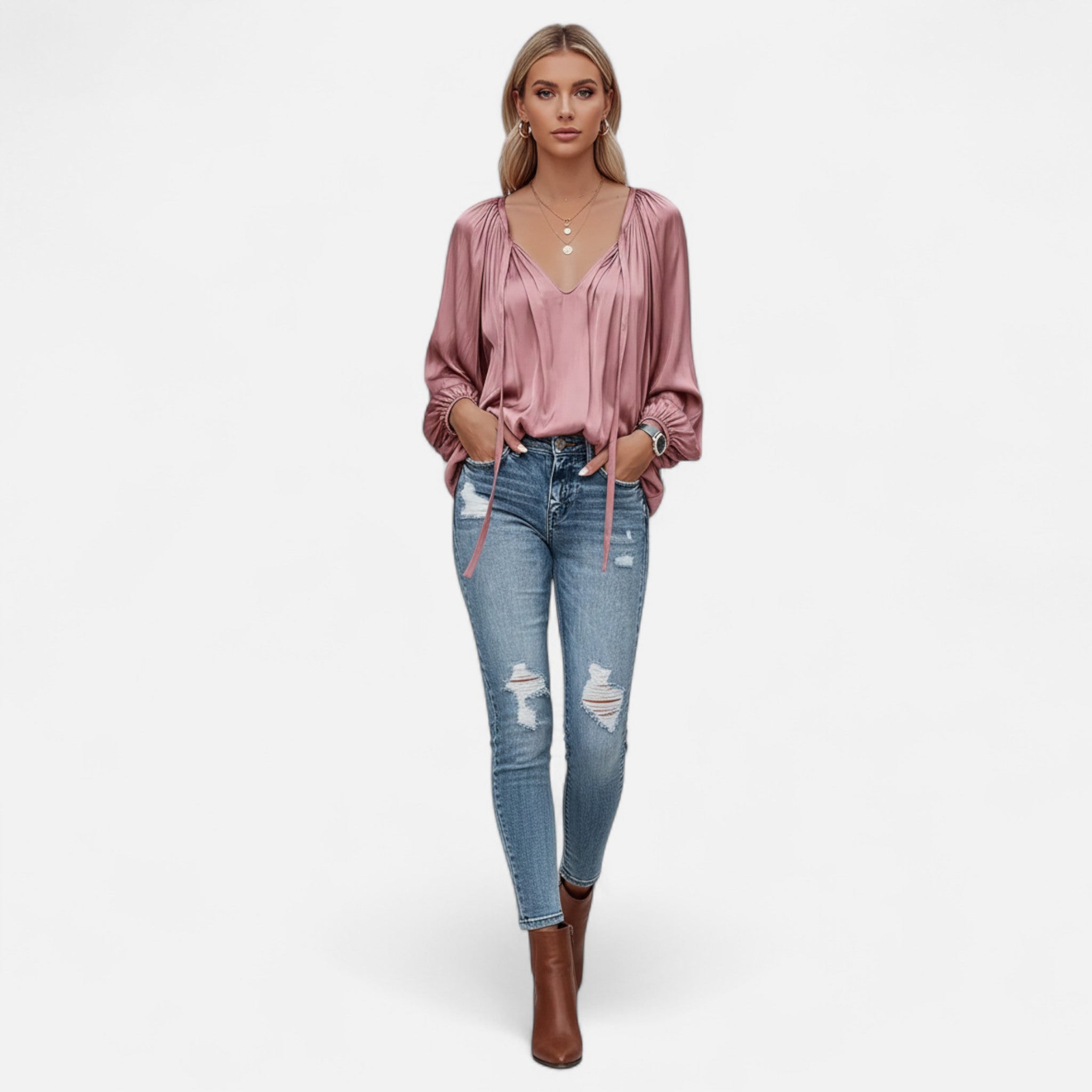 Elvaine | Women’s Satin Blouse – Green Tie-Front Elegance