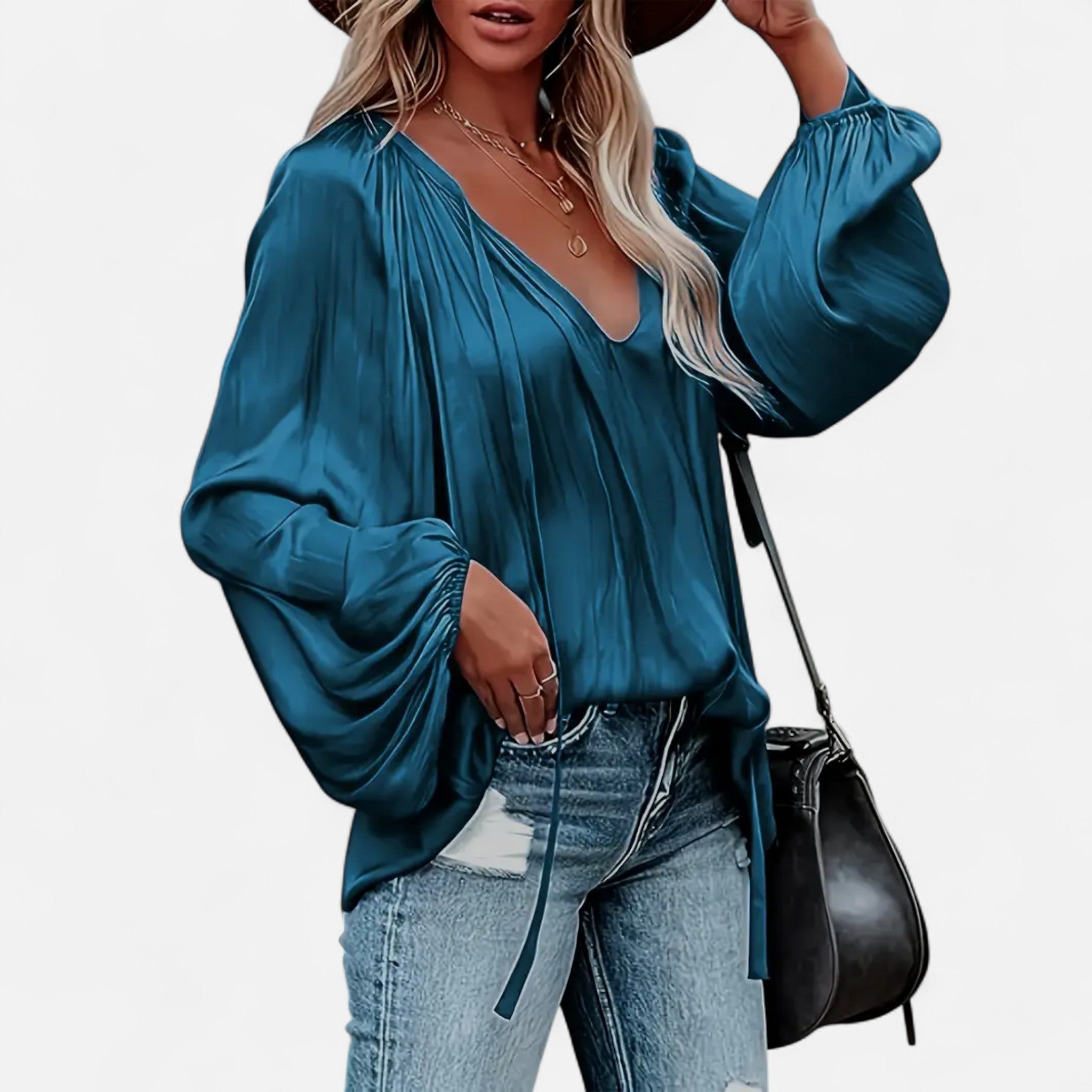 Elvaine | Women’s Satin Blouse – Green Tie-Front Elegance