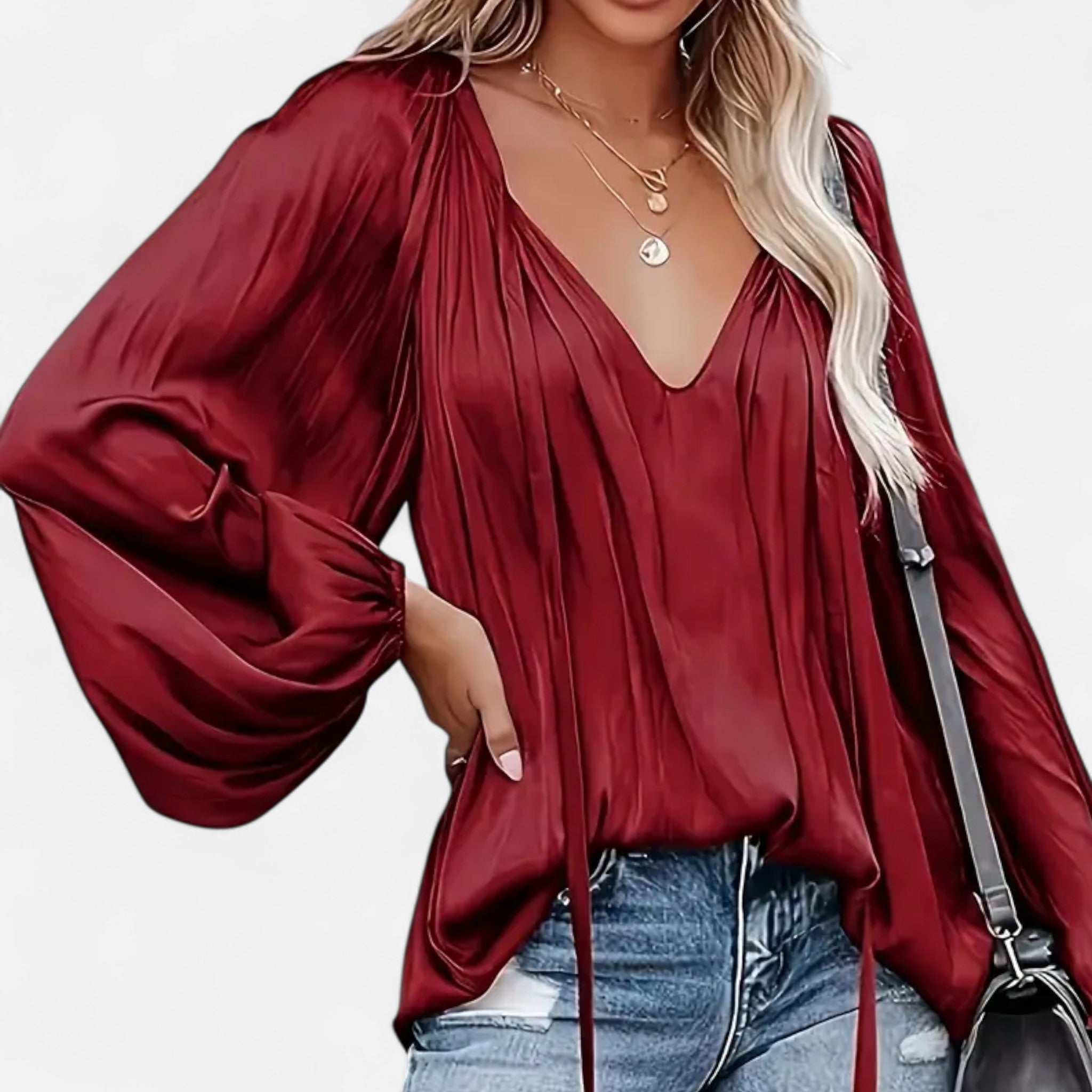 Elvaine | Women’s Satin Blouse – Green Tie-Front Elegance