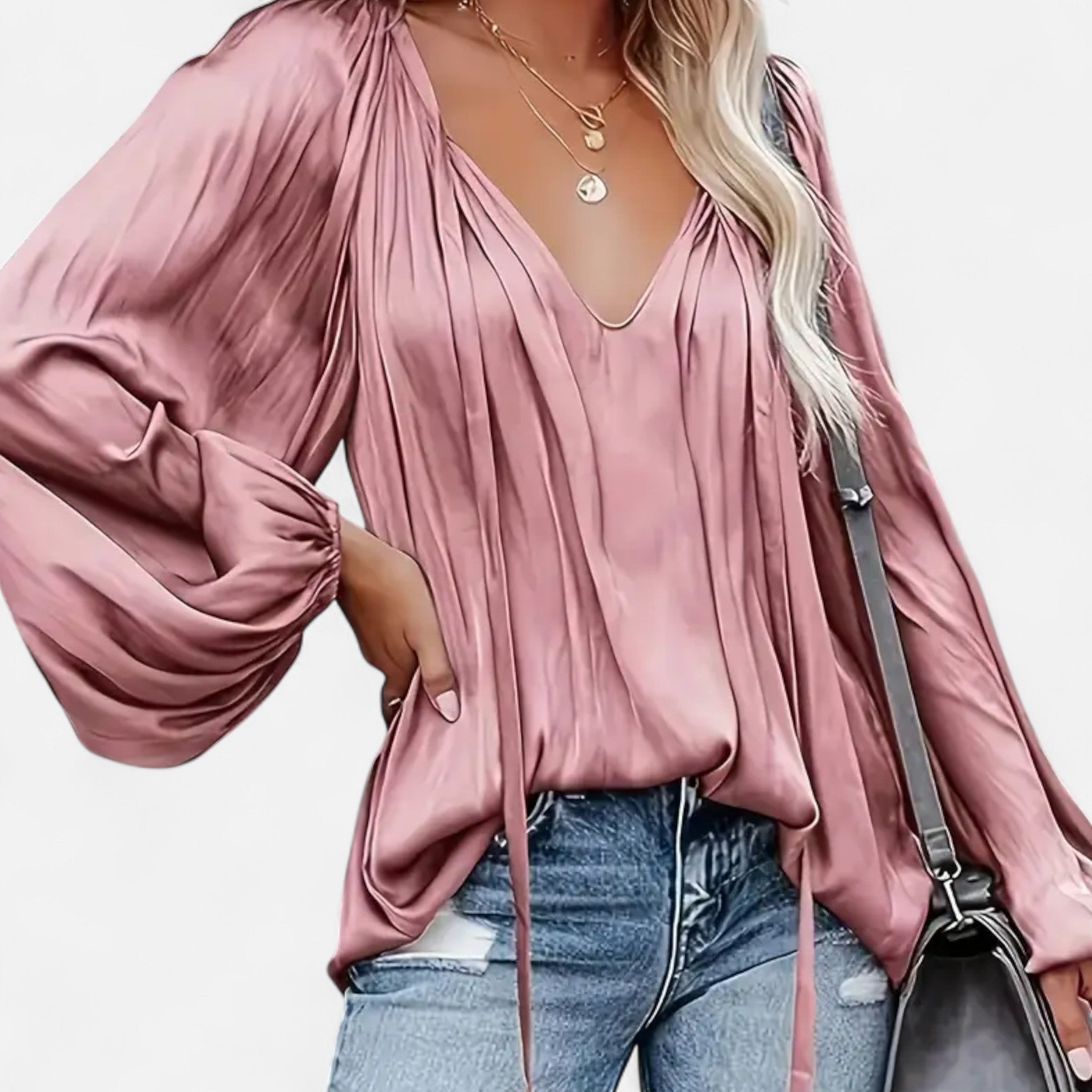 Elvaine | Women’s Satin Blouse – Green Tie-Front Elegance