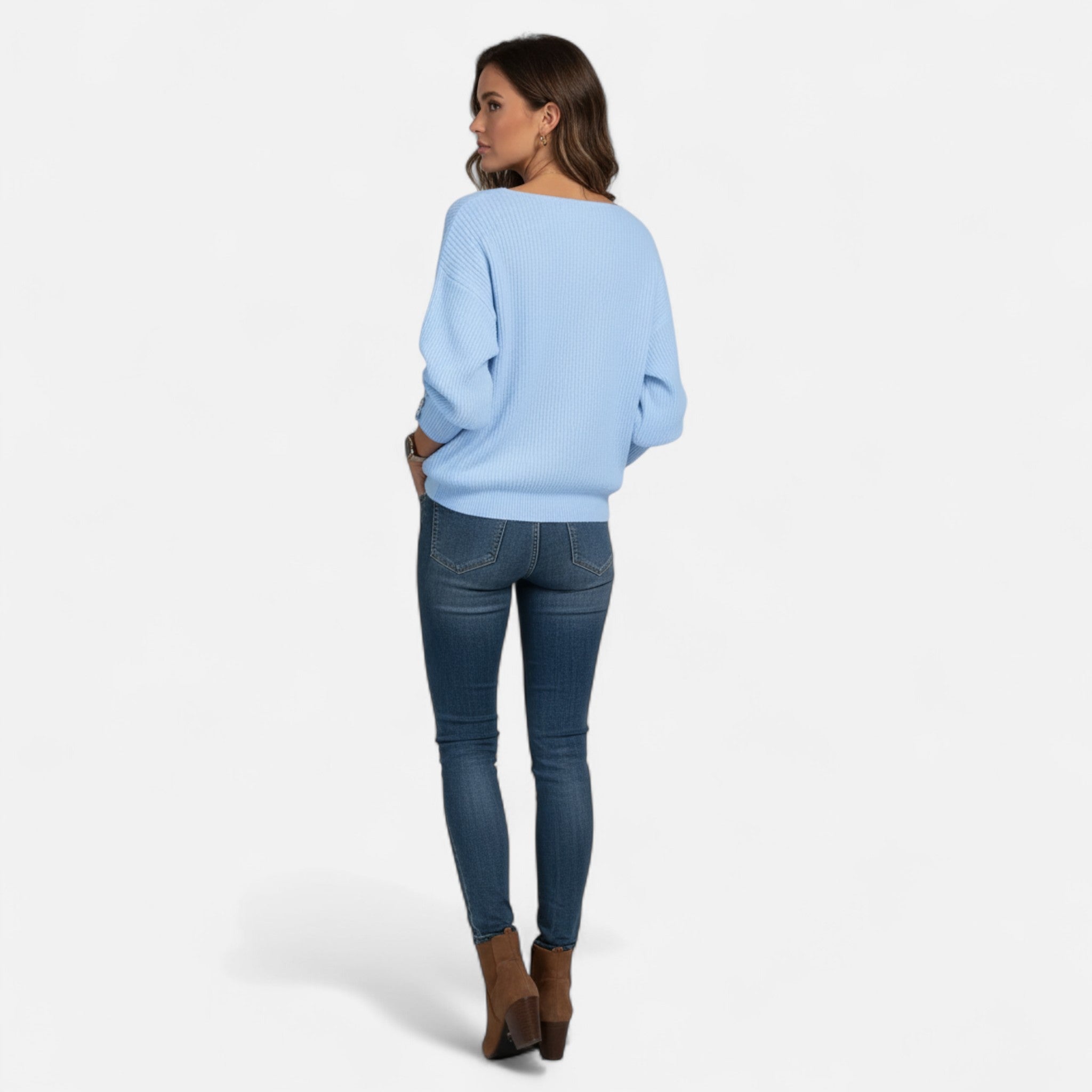 Elvaine | Women’s Ribbed Sweater – Light Blue V-Neck Elegance