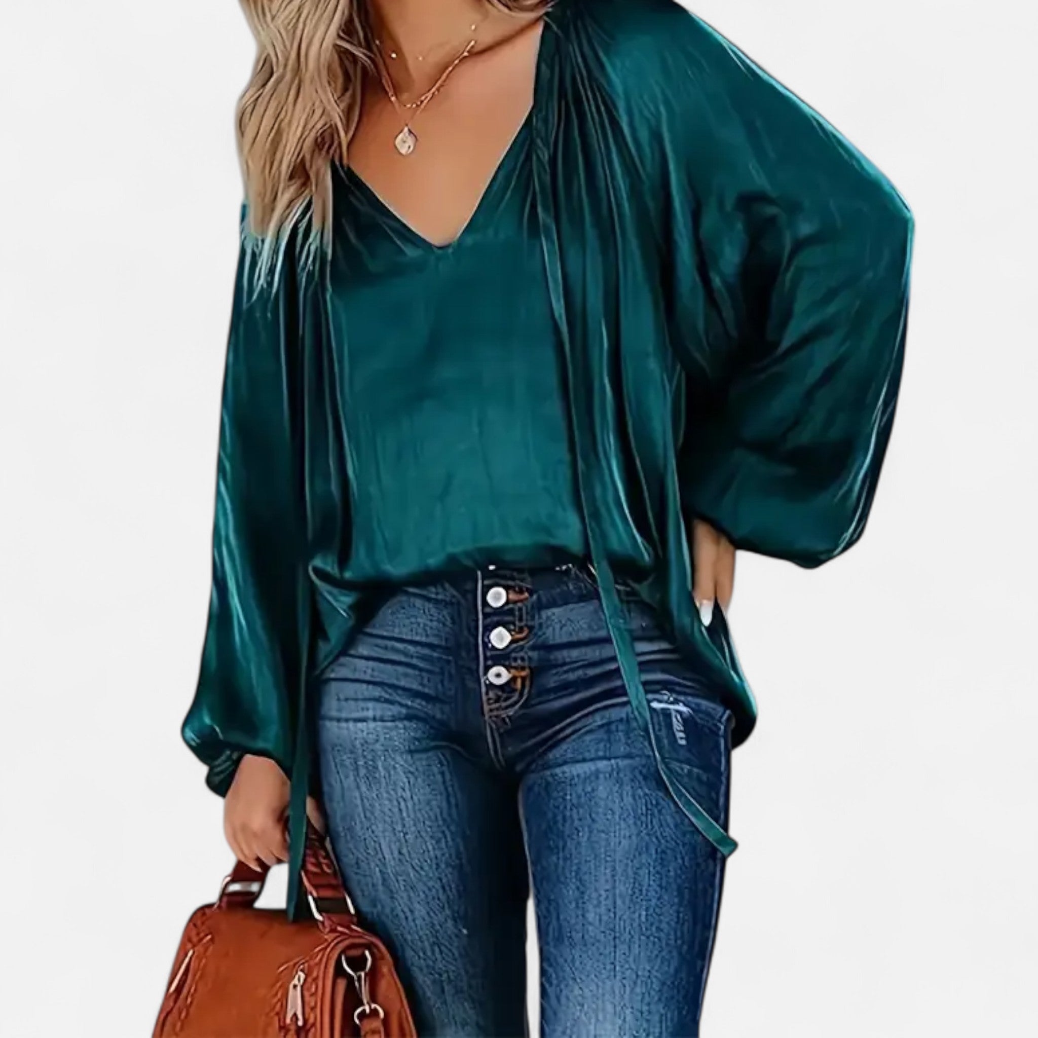 Elvaine | Women’s Satin Blouse – Green Tie-Front Elegance
