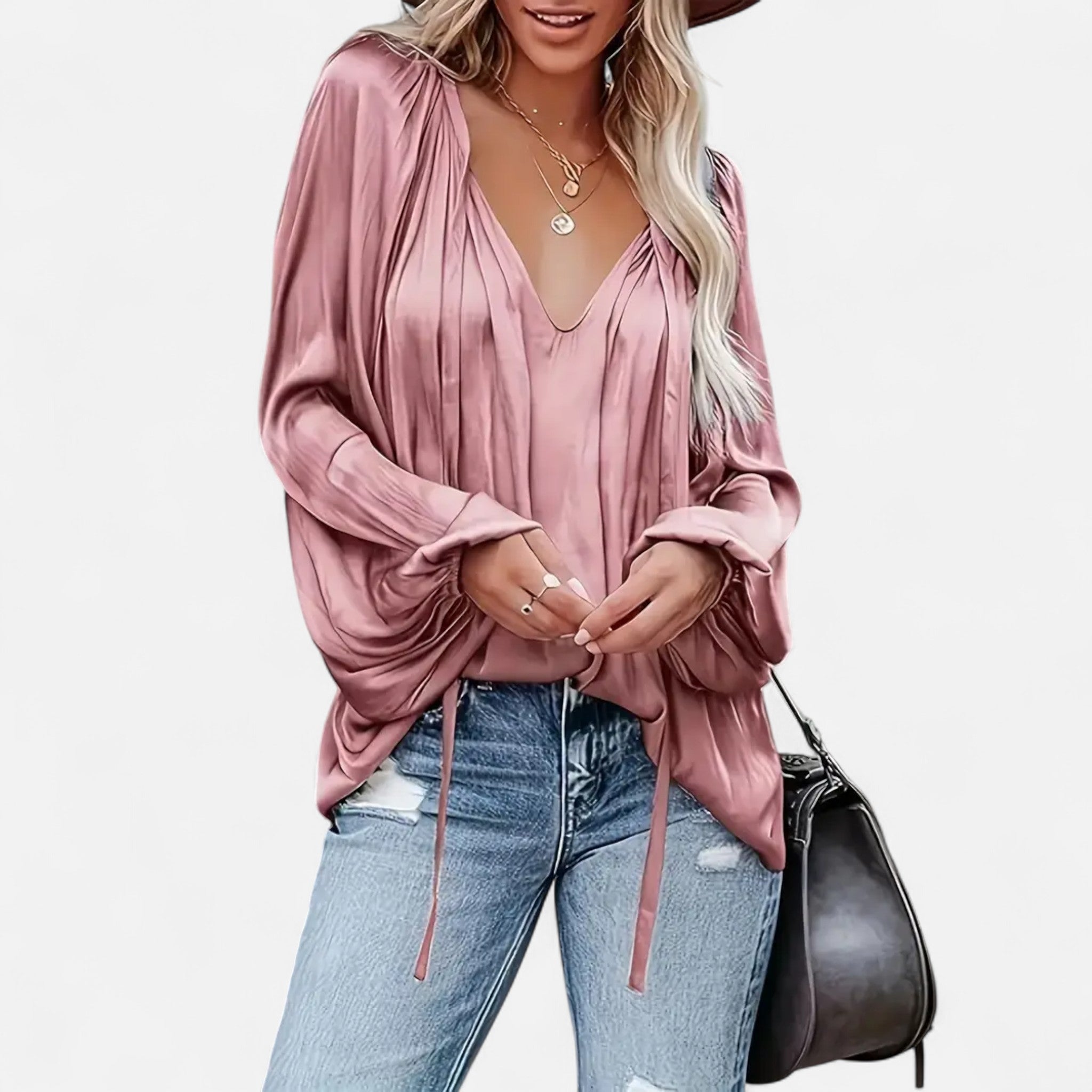 Elvaine | Women’s Satin Blouse – Green Tie-Front Elegance